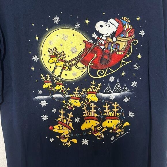 Vintage 2000s Gildan Mens Navy Peanuts Snoopy Santa Woodstock Reindeer Shirt XL - Picture 2 of 8